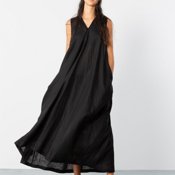 V-Neck Linen Maxi Dress in Black | The Collaborative Store