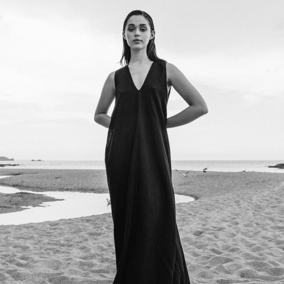 V-Neck Linen Maxi Dress in Black | The Collaborative Store